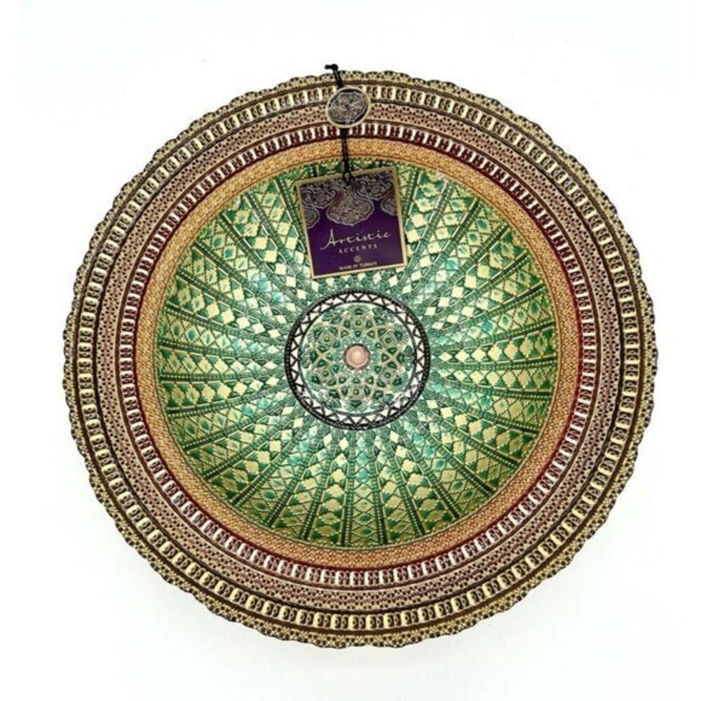 Turkish Glass Round Bowl Serving Salad Gold Lace Green 13.75" W 2.75" D